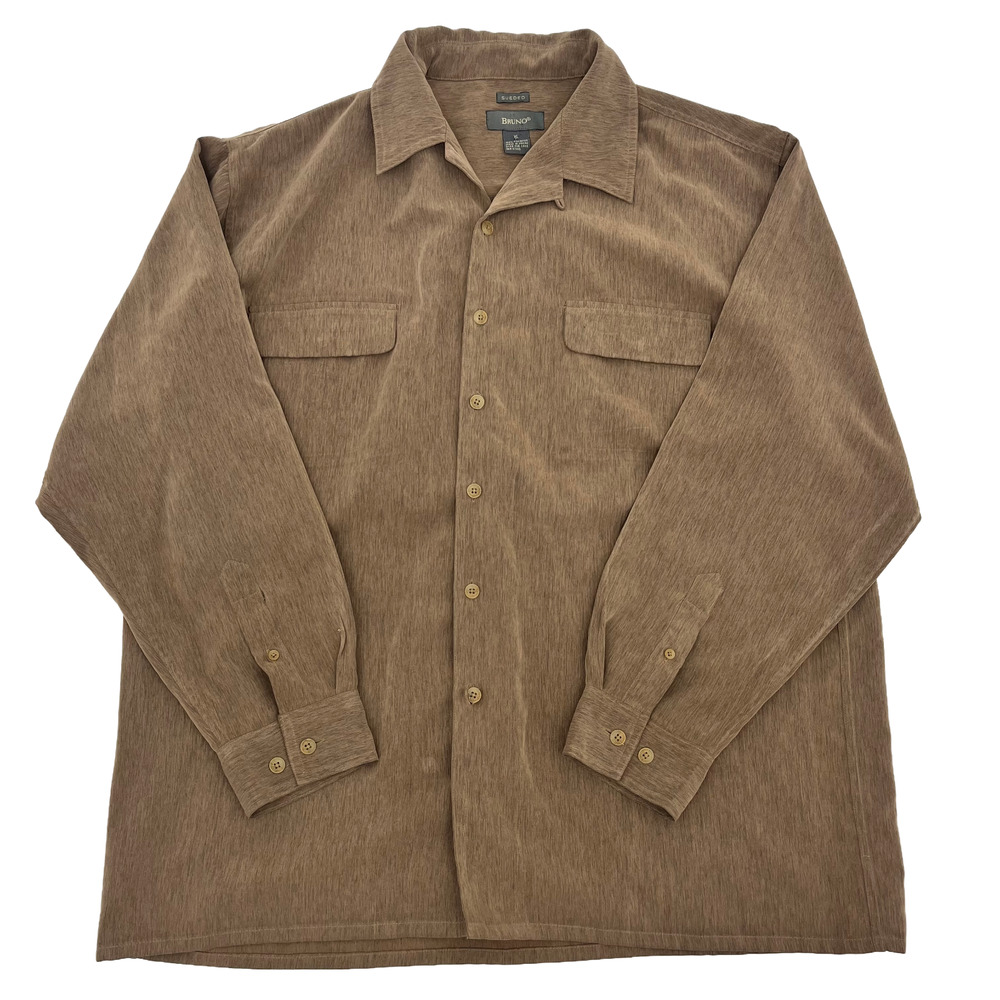 Bruno Mens XL Button Up Shirt Brown Sueded Microfiber Long Sleeve‎ Pockets